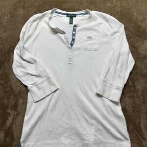 Ralph Lauren LRL White Henley Top w/ Chambray Trim 3/4 Sleeve Y2K Medium